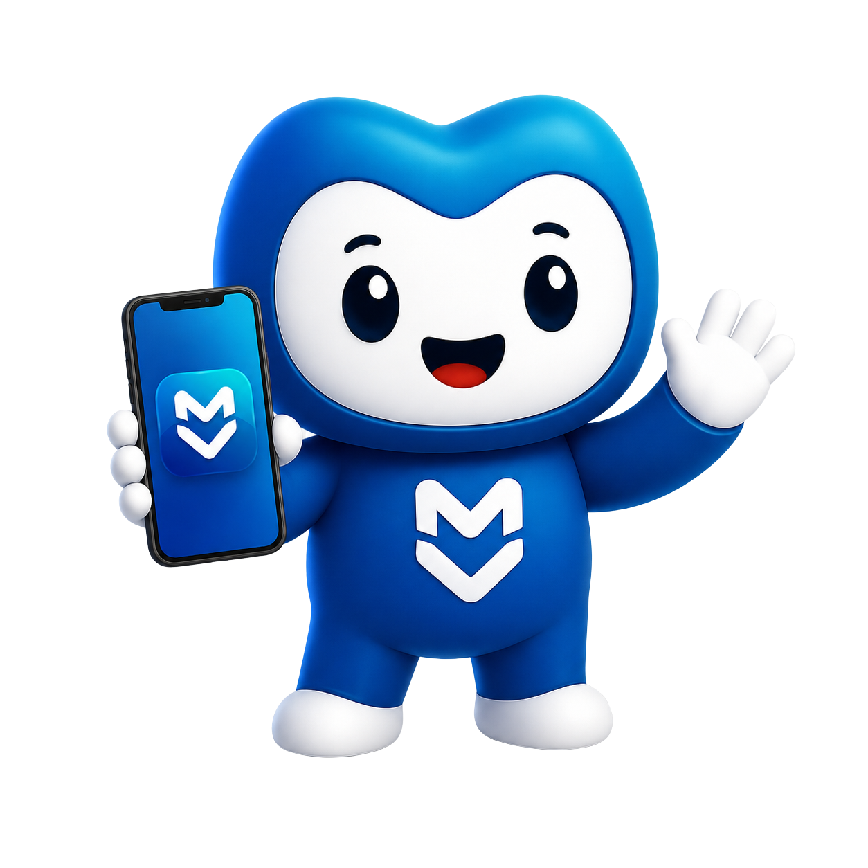 Mascote Meivio segurando o aplicativo